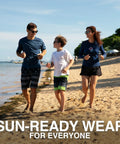 Family jogging on beach, boy wearing Boys Swim Trunks With UPF 50 Plus Quick Dry Microfiber For Lightweight Comfort And Durable All Day Wear