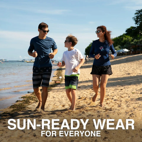 Family jogging on beach, boy wearing Boys Swim Trunks With UPF 50 Plus Quick Dry Microfiber For Lightweight Comfort And Durable All Day Wear
