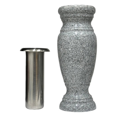 Real Granite Flower Vase With Stainless Steel Inner For Home Decor And Gravesite Memorials Durable Outdoor Garden Lawn And Yard Display 4 By 4 By 10 Inches Gray 633, showing separate vase and liner.