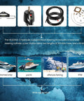 150HP Hydraulic Outboard Steering Kit For Single Station Single Engine Marine System With Built In Two Way Lock Cylinder Pump And 26Ft Heavy Duty Nylon Hose components on display with marine applications shown below