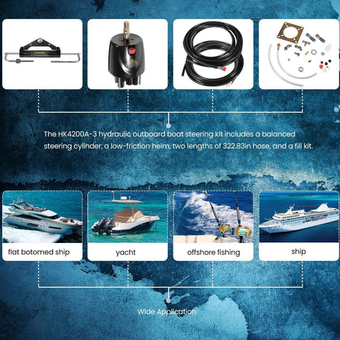 150HP Hydraulic Outboard Steering Kit For Single Station Single Engine Marine System With Built In Two Way Lock Cylinder Pump And 26Ft Heavy Duty Nylon Hose components on display with marine applications shown below