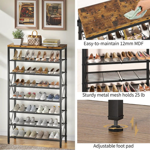 Heavy Duty 8 Tier Metal Shoe Rack Organizer That Holds 32 Pairs With Adjustable Shelves And Rustic Wood Top Space Saving Entryway Closet Garage Hallway Or Bedroom Storage In Black And Rustic Brown shown with shoes on black metal frame and wood surface, easy-to-maintain MDF.