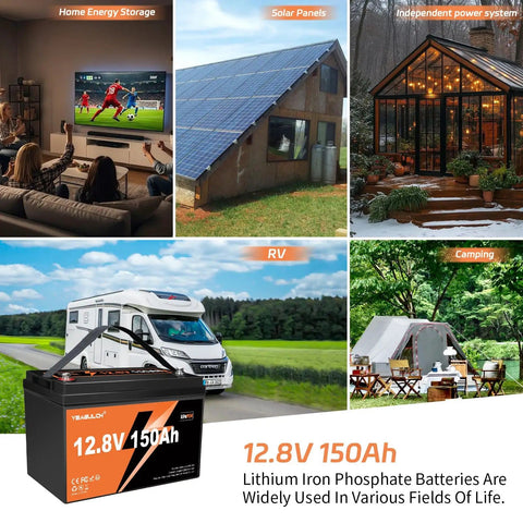 12V 150Ah LiFePO4 Battery With Built In 100A BMS 1920Wh for home, solar, RV, and camping use displayed in various settings