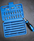 101 Piece Security Bit Set With Ratcheting Screwdriver Rock Solid Chrome Vanadium Steel bits in blue case with screwdriver.