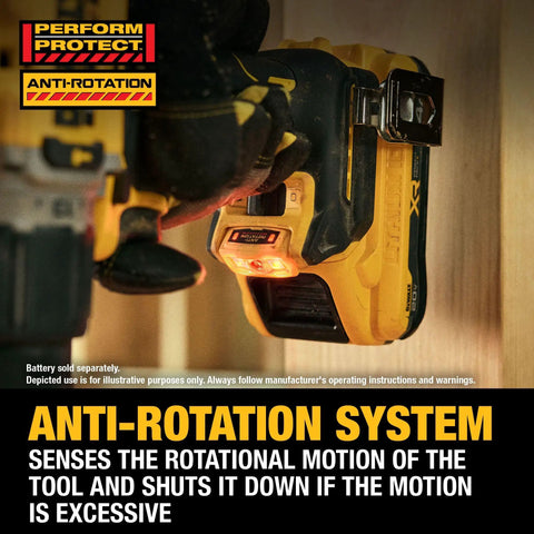 Yellow 20V Max XR Brushless Cordless Hammer Drill With Anti Rotation System attached to wood, highlighting anti-rotation feature.