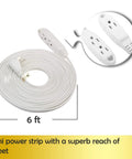 6-foot white power strip with three outlets, flat plug, and coil design. Ideal for behind furniture, 125V, 13A, 16AWG.