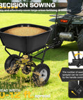 Heavy Duty Tow Behind Fertilizer And Seed Spreader With 130 Lb Hopper And Adjustable Flow Control shown attached to ATV