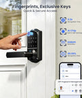 Genuine Matte Black Smart Lever Lock Boasting Hella Fast AI Fingerprint Unlock and Smooth App Control Keypad Entry in use.