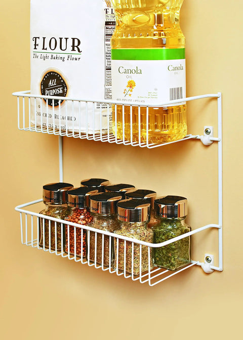 Slick Two Tier Wall Rack For Cabinet Doors And Walls, Heavy Duty Epoxy Coated Steel Storage Shelf In Crisp White, No Sweat Install Hardware Included, Total Game Changer For Tight Kitchen And Closet Spaces