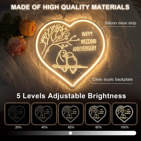 Heart-shaped LED neon sign with silicone strip and clear acrylic backplate, adjustable brightness for wedding anniversary