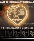 Happy Wedding Anniversary heart-shaped neon sign with silicone strip and acrylic backplate showing adjustable brightness levels.