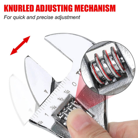 Close-up of wrench from Four-Piece Adjustable Wrench Set With Wide Handle For Maximum Comfort showing knurled adjusting mechanism.