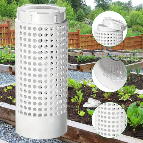 Two Gallon Inground Garden Compost Bin With Lid For Small Yards And Raised Beds, Durable PVC Outdoor Waste Reducer, shown installed