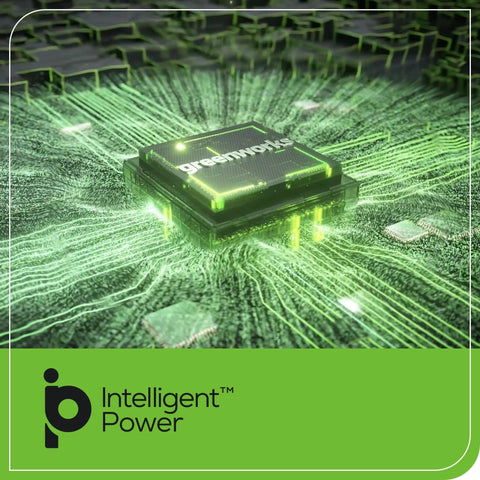 Close-up of green electronic circuit board showcasing Intelligent Power chip with glowing connections.