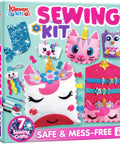Kids Sewing Kit For Beginners: 6 Easy Projects including unicorn pillow, mini pillows, accessories organizer, shown in packaging.