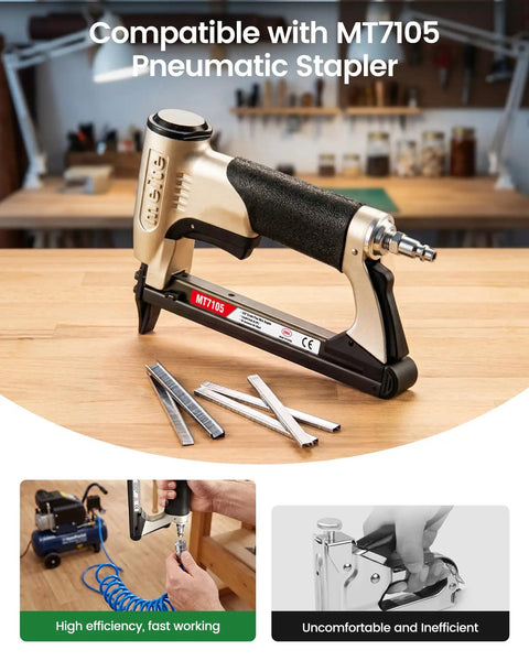 Workhorse 22 Gauge Galvanized Upholstery Staples With 3/8 Inch Crown And 3/16 Inch Leg Bulk Box Of 10020 Count arranged with MT7105 Pneumatic Stapler.
