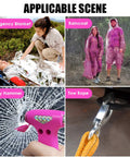 Pink Car Emergency Kit For Women And Teens With 10 Ft Jumper Cables, First Aid Kit, LED Flare, Deer Whistles, And More Roadside Help Essentials products like emergency blanket, raincoat, safety hammer, and tow rope shown in use.