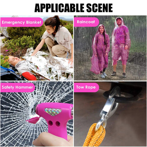 Pink Car Emergency Kit For Women And Teens With 10 Ft Jumper Cables, First Aid Kit, LED Flare, Deer Whistles, And More Roadside Help Essentials products like emergency blanket, raincoat, safety hammer, and tow rope shown in use.