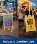 24x36 Coroplast A Frame Sign Panel With Straight Fire Custom Prints Hella Tough Weather Resistant Construction Made In USA Quick Turnaround Slick Setup No Sweat Display Solution For Urban Marketers displayed at a cafe and food truck fest.
