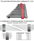 Modular Wrench Organizer For Twenty Tools With Magnetic Base Built In The USA, shown holding 20 tools in single row configuration