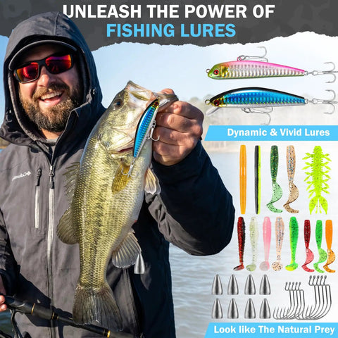 Angler holding fish with vibrant lures, promoting dynamic fishing gear for freshwater and saltwater angling.