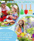 Children using 24 Piece Kids Gardening Tools Set With Wooden Handles Including Shovel Rake Fork And Trowel Metal Beach Sandbox Toys.