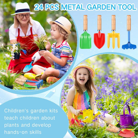 Children using 24 Piece Kids Gardening Tools Set With Wooden Handles Including Shovel Rake Fork And Trowel Metal Beach Sandbox Toys.