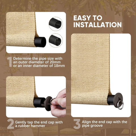 Installation steps for Weatherproof Sun Shade Bungee Kit With End Caps For Exterior Roller Shades And Outdoor Blinds