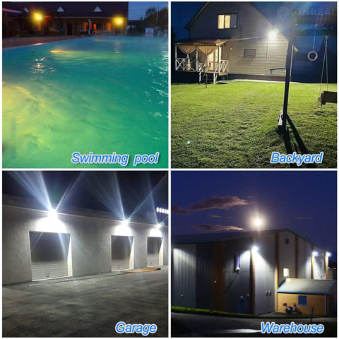 Two Pack 100W LED Flood Light Outdoor With 3CCT Selectable illuminating swimming pool, backyard, garage, warehouse at night