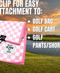 Pink Microfiber Golf Towel With Clip For Women 12x20 Inch Checkered Blue And White Design For Golf Bags shown attached to golf bag