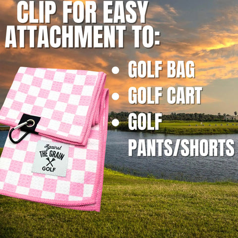 Pink Microfiber Golf Towel With Clip For Women 12x20 Inch Checkered Blue And White Design For Golf Bags shown attached to golf bag