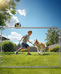 Adjustable Chain Link Fence Gate 72 By 48 Inches Rust Resistant Galvanized Steel Garden Gate For Farm And Yard Fits 2.2 To 6 Ft Wide Opening And 6 Ft High Posts Not Included, shown installed in a residential yard.