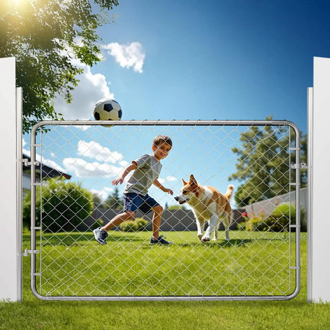 Adjustable Chain Link Fence Gate 72 By 48 Inches Rust Resistant Galvanized Steel Garden Gate For Farm And Yard Fits 2.2 To 6 Ft Wide Opening And 6 Ft High Posts Not Included, shown installed in a residential yard.