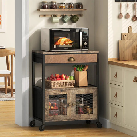 Real Deal Farmhouse Coffee Bar Cabinet And Three Tier Rolling Cart With Loaded Storage Drawer Sturdy Locking Casters Rustic Brown Wood Frame leather trim and a microwave in a kitchen corner.