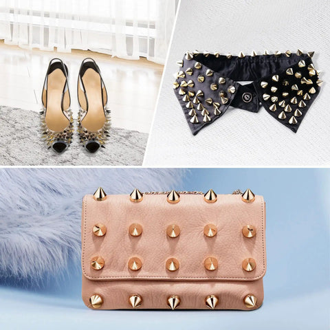 Badass Pink Cone Spike Studs And Screw Back Rivets For Leather Craft Bag Repair Hella Durable Carbon Steel Metal Hardware Kit With 50 Sets on shoes, collar, and bag.