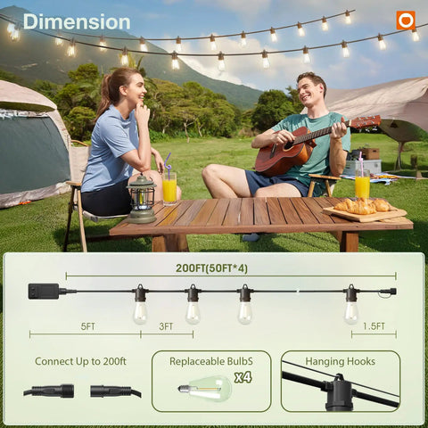 200Ft LED Outdoor String Lights With Remote Dimming Timer And 3 Lighting Modes 64 Shatterproof Edison Bulbs, picnic scene