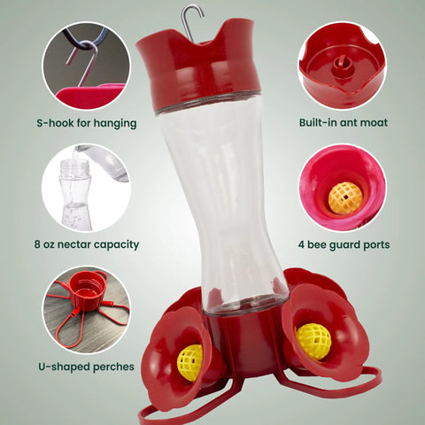 Glass Hummingbird Feeder With Four Flower Ports And Comfortable Perches, Ant Moat And Bee Guards, 8 Oz Nectar Capacity