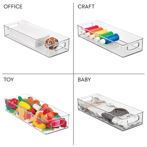 Sleek Extra Long Clear Storage Bins Pack Of 4 Heavy Duty Stackable Plastic Organizers For Deep Pantry Shelves Cabinets And Fridge Drawers in a variety of uses.
