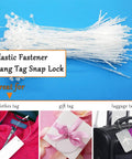 Heavy Duty 5000 Piece White Plastic Hang Tag Snap Locks on a blue background, shown for clothes tags and gift tags use.