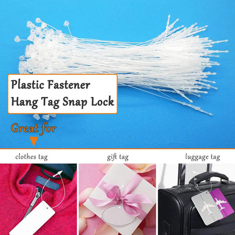 Heavy Duty 5000 Piece White Plastic Hang Tag Snap Locks on a blue background, shown for clothes tags and gift tags use.