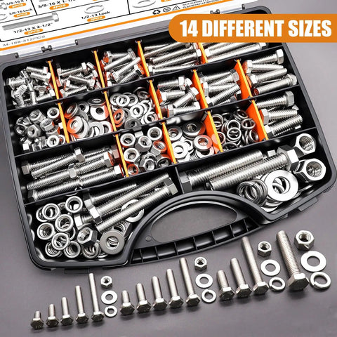 312 Piece Hex Bolts And Nuts Kit In 304 Stainless Steel With Flat And Spring Washers, Includes 14 Sizes, in a toolbox.