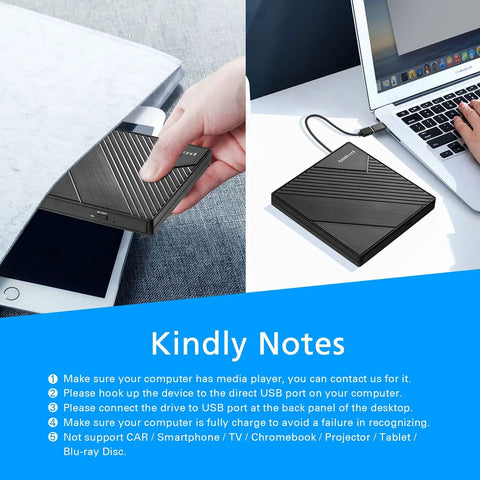 External DVD Drive USB 3.0 And USB C Slim Portable CD DVD RW Burner For Laptop And Desktop PCs Windows Mac Linux Plug And Play Optical Drive Reader Writer Ultra Thin Travel Ready black slim disc drive shown with USB cable on laptop