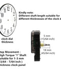 Clock face and Long Shaft Quartz Wall Clock Movement With Metal Hook For DIY Repair Replacement Battery Operated Mechanism Fits 10mm To 450mm Hands 18mm Shaft 5mm Thread with measurement details.