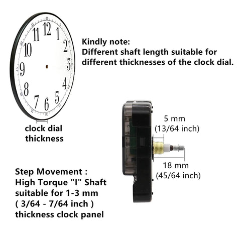 Clock face and Long Shaft Quartz Wall Clock Movement With Metal Hook For DIY Repair Replacement Battery Operated Mechanism Fits 10mm To 450mm Hands 18mm Shaft 5mm Thread with measurement details.