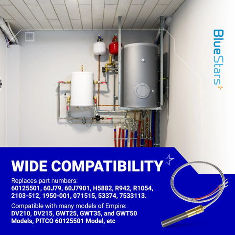 BlueStars thermopile assembly installed in utility room with white expansion tank and gray water heater