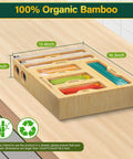 Slick Bamboo Kitchen Drawer Organizer With Plastic Wrap Dispenser And Foil Cutter, 6 In 1 Multi Size Bag Holder dimensions on a wooden surface.