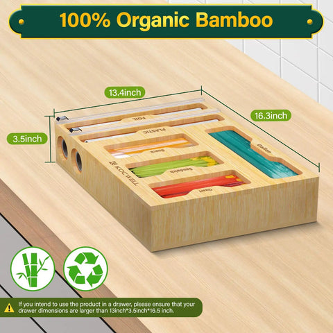 Slick Bamboo Kitchen Drawer Organizer With Plastic Wrap Dispenser And Foil Cutter, 6 In 1 Multi Size Bag Holder dimensions on a wooden surface.