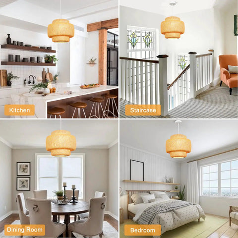 Hand-Woven Bamboo Pendant Light With Natural Rattan Shade, 16 Inch Farmhouse Style Chandelier, Adjustable Hanging Fixture For Kitchen Island, Cozy Vibe For Living Room And Dining Room, E26 Base Compatible