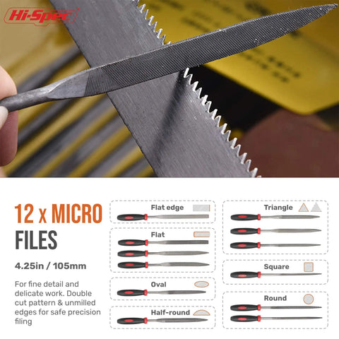 Hand holding file from Pro Grade 17 Piece Metal Hand And Needle File Set With 12 Inch Flat, Half Round, Round And Triangle Files.