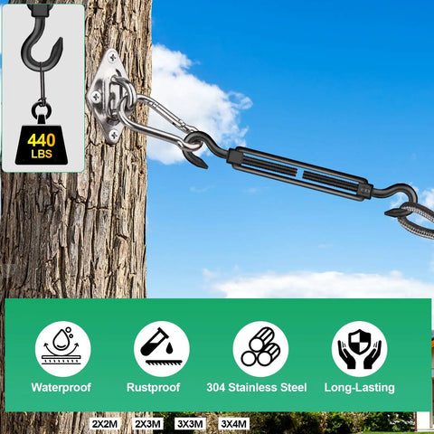 2 Pack M8 Hook and Hook Turnbuckle 304 Stainless Steel Heavy Duty Wire Rope Tensioner attached to tree, rustproof black finish